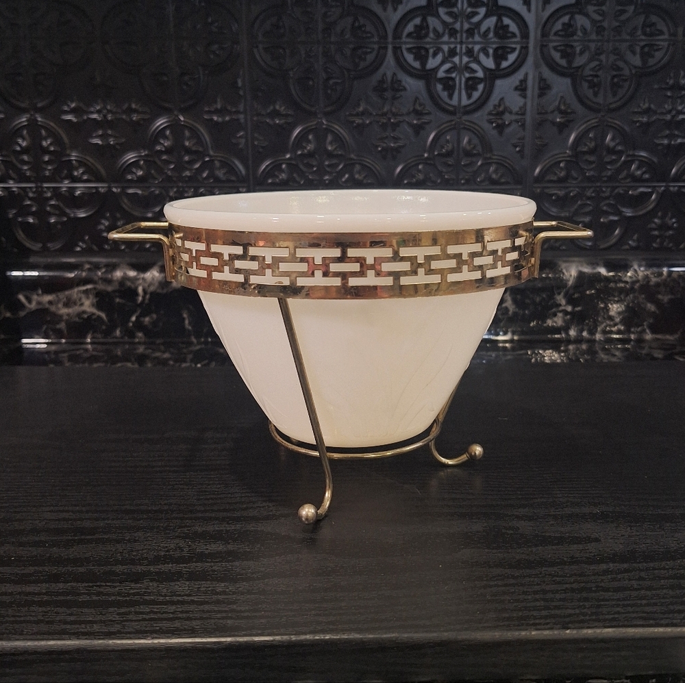 Vintage Hazel Atlas Ice Bucket, Cattail Milk Glass Serving Bowl & Stand, MCM